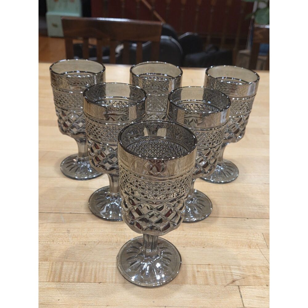 Vintage Anchor Hocking Wexford Smoke Gray Wine Goblets Pewter Mist Set of 6